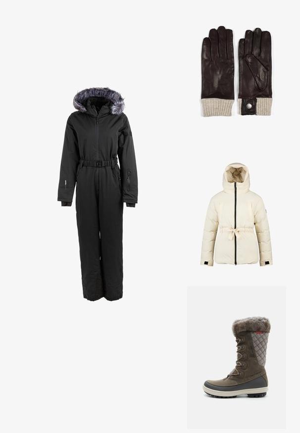 Cremefarvet polstret jakke med hætte, frontlynlås, justerbar talje bånd og velcro håndledsremme, designet til koldt vejr.; Sort isoleret overall med hætte i kunstpels, bælte i taljen og lynlåslommer i begge sider til sikker opbevaring.; Brun vandtæt støvle med quiltet grå overdel, faux pelskant, metaløjer og robust sort gummisul til godt greb.; Brune læderhandsker med fem fingre, der har en strikket beige manchet og en metalknapdetalje ved håndleddet. Generelt glat tekstur.