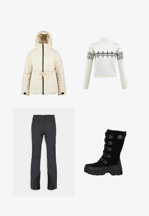 Cremefarvet polstret jakke med hætte, frontlynlås, justerbar talje bånd og velcro håndledsremme, designet til koldt vejr.; Hvid sweater med lange ærmer og en høj krave, der har et sort geometrisk mønster over brystet og ved ærmeenderne.; Sorte udendørsbukser lavet af teknisk stof, med en lynlåslomme, flad talje og sorte detaljer ved nederste kant.; Sorte vandtætte vinterstøvler med overdel i ruskind, pelskrave og gummisål. Har snørebåndsdesign med hexagonale snørehuller og logo-patch.