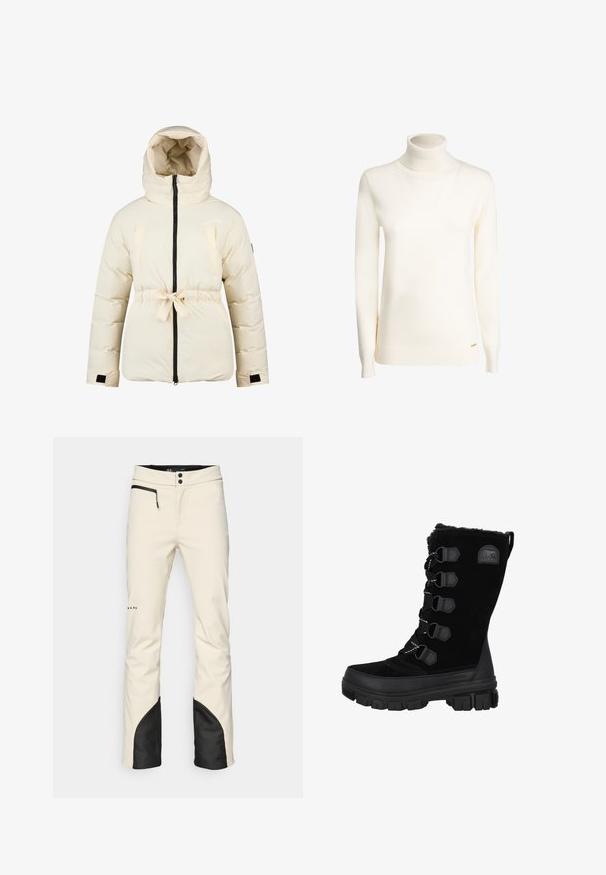Cremefarvet polstret jakke med hætte, frontlynlås, justerbar talje bånd og velcro håndledsremme, designet til koldt vejr.; Kremfarvet langærmet højhalset sweater med ribstrikkede manchetter og kant, vist mod en hvid baggrund.; Herre skibukser i cremefarvet med sort accent ved kanten. Har en lynlåslomme, knaplukning og tapered ben. Blødt, vandafvisende materiale.; Sorte vandtætte vinterstøvler med overdel i ruskind, pelskrave og gummisål. Har snørebåndsdesign med hexagonale snørehuller og logo-patch.