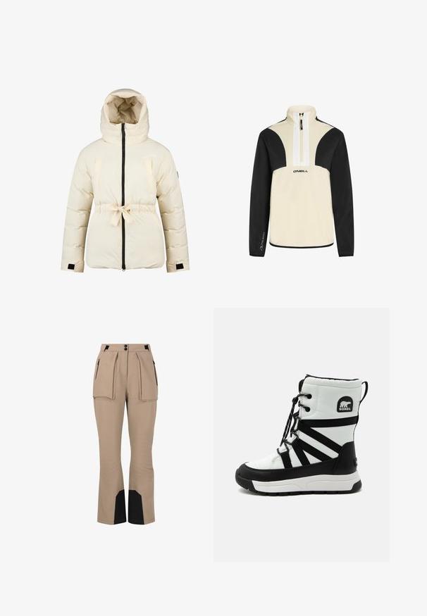 Cremefarvet polstret jakke med hætte, frontlynlås, justerbar talje bånd og velcro håndledsremme, designet til koldt vejr.; Quarter-zip trøje i beige og sort, blødt stof, har sorte ærmer og skuldre, hvid lynlås, O’Neill-logo på forsiden.; Beige udendørsbukser med to frontlommer, plisseret design og sorte detaljer ved kanten. Lavet af holdbart, fleksibelt stof.; Hvid vinterstøvle med sorte detaljer, justerbare snørebånd, tyk sål og Sorel mærkelogo på siden mod en ensfarvet baggrund.