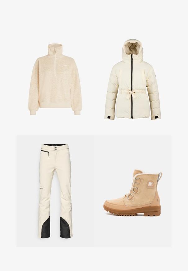 Veste matelassée crème avec capuche, fermeture éclair à l'avant, ceinture ajustable à la taille et poignets à Velcro, conçue pour le temps froid.; Pull en polaire beige doux avec un col montant, une fermeture éclair demi-longueur, des poignets côtelés et un motif léopard subtil, marqué O'Neill sur la poitrine.; Pantalons de ski pour homme en crème avec une accent noir à l'ourlet. Dispose d'une poche zippée, d'une fermeture à bouton et de jambes ajustées. Matériau doux et résistant à l'eau.; Botte en suède imperméable beige avec doublure en fausse fourrure, crochets en métal et semelle en caoutchouc robuste avec un motif cranté pour une meilleure adhérence.