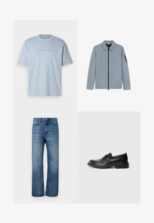Chaqueta gris claro con cremallera frontal negra, dos bolsillos laterales, cuello con solapa y un bolsillo con cremallera en la manga izquierda.; Camisa de algodón de color azul claro con cuello redondo, mangas cortas y logo bordado de "Calvin Klein" en un tono a juego en la parte frontal.; Jeans de denim azul de pierna recta con ligero desgaste, cierre frontal de botón y una pequeña etiqueta de logo en el bolsillo frontal derecho.; Zapato de vestir negro de cuero sin cordones con tacón bajo y un sutil logo de Calvin Klein en el lateral, mostrado en perfil sobre un fondo blanco.