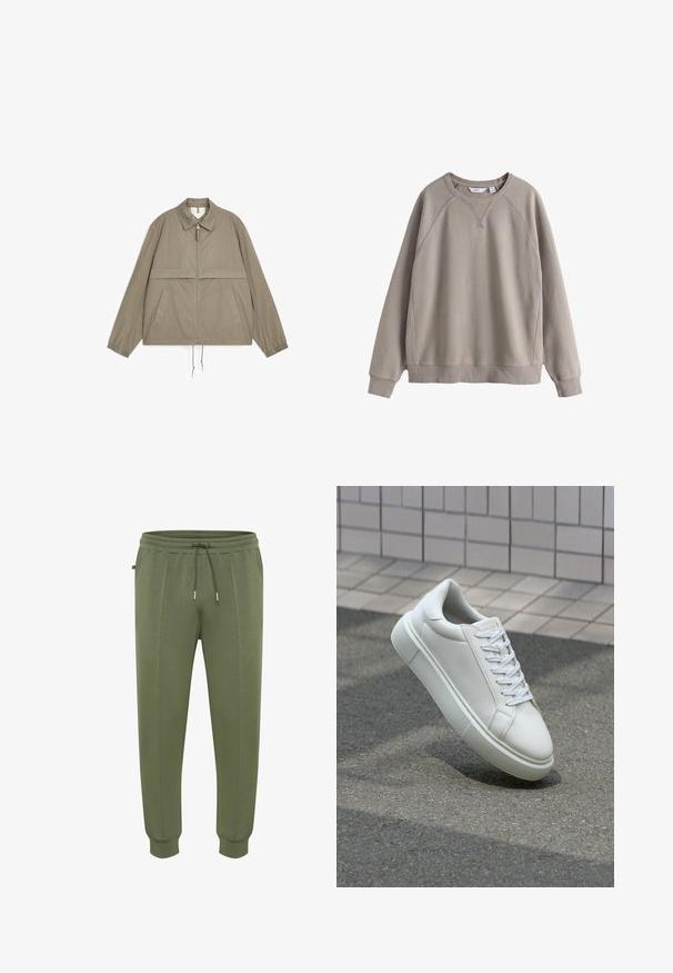 Lichtbruine jas met rits en kraag, twee voorzakken, elastische manchetten en trekkoorden aan de zoom, plat liggend op een witte achtergrond.; Beige sweater met ronde hals, lange mouwen, geribbelde boorden aan mouwen en zoom, en subtiele naaddetails op schouders en borst.; Joggingbroeken in olijfgroen gemaakt van zachte stof, voorzien van een taille met trekkoord, zijzakken en geribbelde boorden voor een goede pasvorm.; Witte leren sneaker met een glad oppervlak, ronde neus en platte witte veters. Voorzien van een gestructureerde rubberen zool en minimale ontwerpelementen.