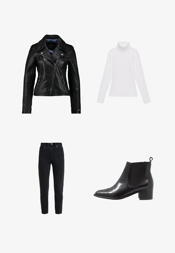 Maze INDIANA - Læderjakker - black; Hvid langærmet turtle-neck top lavet af glat, strækbart stof. Har en høj krave og tætsiddende design, uden synlige mønstre eller udsmykninger.; High-waist sort denim jeans med forreste knap og lynlås, to forlommer og en tilspidset ben foran på en hvid baggrund.; Sorte læder ankelstøvler med elastiske sidepaneler, rund tå og tekstureret blokhæl. Har en løkke til at trække i bagpå for nem påtagning.