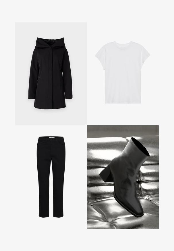 Schwarzer wasserdichter Mantel mit einer großen Kapuze, einem Frontreißverschluss und seitlichen Taschen. Bietet eine glatte Textur und ein minimalistisches Design.; Weißes kurzärmliges T-Shirt mit Rundhalsausschnitt, lockerer Passform, aus weichem Baumwollstoff. Glatte Textur, keine Muster oder Logos.; Schwarze Baumwollhose mit geradem Schnitt. Verfügt über fünf Taschen und einen vorderen Knopfverschluss. Glatte Textur, minimale Nähdetails.; Schwarzer Knöchelstiefel aus glänzendem Material mit quadratischer Zehenform und verjüngtem Absatz, vor einem glänzenden silbernen gepolsterten Hintergrund.