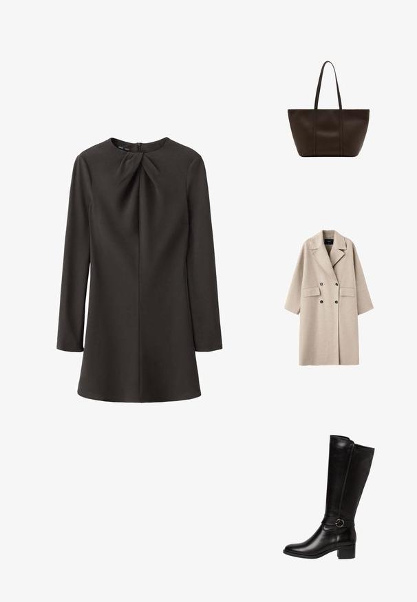Manteau en laine beige croisé avec larges revers, deux poches avant à rabat et boutons noirs, présenté sur fond blanc.; Robe noire à manches longues avec un col rond et un détail froncé à l'avant, confectionnée dans un tissu lisse, avec une fermeture éclair dissimulée dans le dos.; Botte en cuir noir montante avec un bout arrondi, une sangle décorative avec une boucle circulaire, et un petit talon carré. Texture lisse et brillante.; Grand sac cabas en cuir marron foncé avec deux longues anses, design simple, texture lisse et sans logo ou ornement visible.