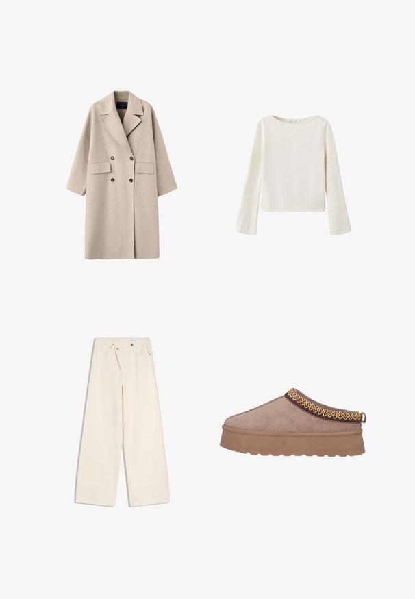 Beige dubbelgeknoopte wollen jas met brede revers, twee voorflapzakken en zwarte knopen, afgebeeld op een witte achtergrond.; Off-white trui met lange mouwen, brede ronde halslijn en licht uitlopende mouwen, gemaakt van zachte gebreide stof.; Off-white wijde broek met steekzakken aan de voorkant, lussen voor een riem en zilveren knopen op de tailleband en de randen van de zakken.; Bruine suède instap schoen met een dikke, gestructureerde zool, die intrigerende gele en bruine borduursels langs de bovenrand vertoont.
