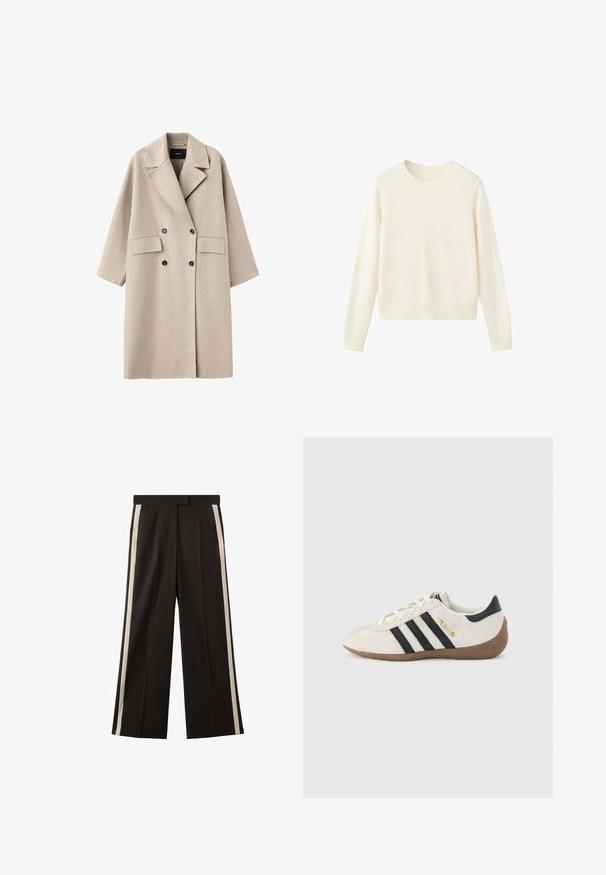 Manteau en laine beige croisé avec larges revers, deux poches avant à rabat et boutons noirs, présenté sur fond blanc.; Pull à col rond manches longues couleur crème avec poignets et ourlet côtelés, présenté sur fond blanc.; Pantalon noir à jambes larges avec deux bandes verticales crème sur les côtés. Confectionné dans un tissu lisse avec une ceinture ajustée.; Baskets blanches Adidas avec des rayures noires, une semelle texturée marron, et le lettrage doré "SPEZIAL" sur le côté, vues du côté extérieur.