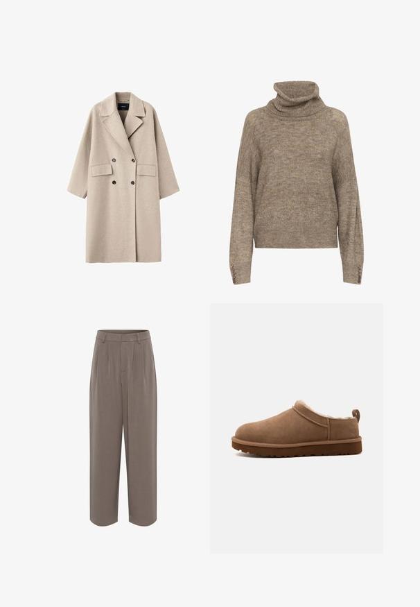 Abrigo de lana beige cruzado con solapas anchas, dos bolsillos delanteros con solapa y botones negros, mostrado sobre un fondo blanco.; Jersey de cuello alto beige con un corte relajado, tejido texturizado y detalles de botones en los puños. Material suave y un color cálido.; Pantalones de pierna ancha marrones, hechos de una tela suave, con una cintura alta y dos pliegues frontales, presentando una silueta limpia y entallada.; Zapatilla marrón de ante para ponerse fácilmente, con forro interior de felpa y una suela gruesa con dibujo, mostrada de perfil sobre un fondo liso.