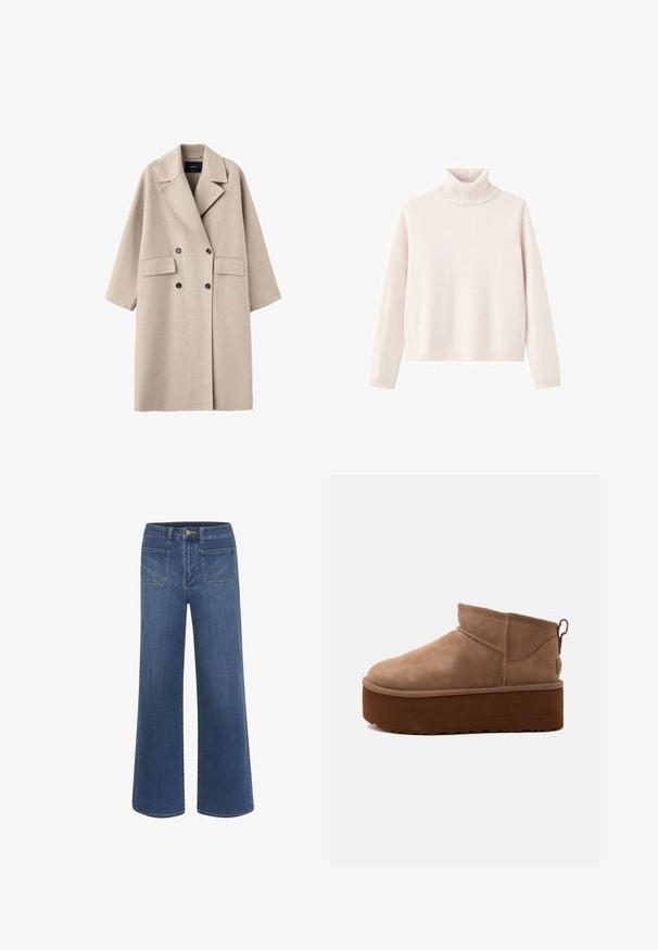 Manteau en laine beige croisé avec larges revers, deux poches avant à rabat et boutons noirs, présenté sur fond blanc.; Pull à col roulé rose clair en tissu tricoté doux, doté d'un col et de poignets côtelés, avec une coupe décontractée et un design minimaliste.; Jean à jambes larges en denim bleu foncé avec une texture lisse, doté d'une fermeture à boutons, de cinq poches et de coutures contrastantes.; Bottine marron en daim de hauteur moyenne, style slip-on, avec une semelle épaisse compensée et un onglet à l’arrière sur fond clair.