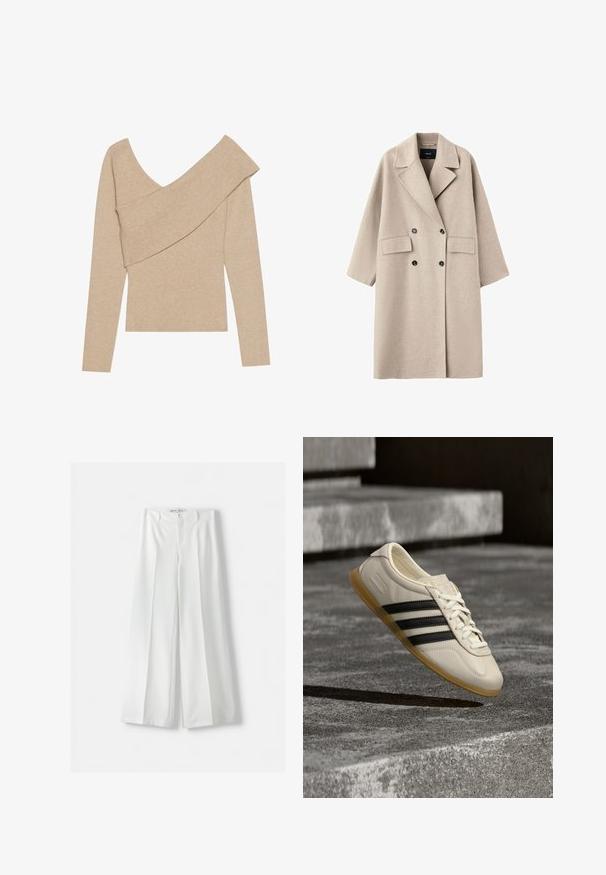 Beige dubbelgeknoopte wollen jas met brede revers, twee voorflapzakken en zwarte knopen, afgebeeld op een witte achtergrond.; Even&Odd by Zalando Trui - mottled beige; Witte wijde pantalons met een hoge taille, middenvouw en klassieke knoopsluiting. Gemaakt van een soepele stof met een verfijnd ontwerp.; Witte sneaker met zwarte strepen en rubberen zool zwevend boven betonnen trap in zacht daglicht.