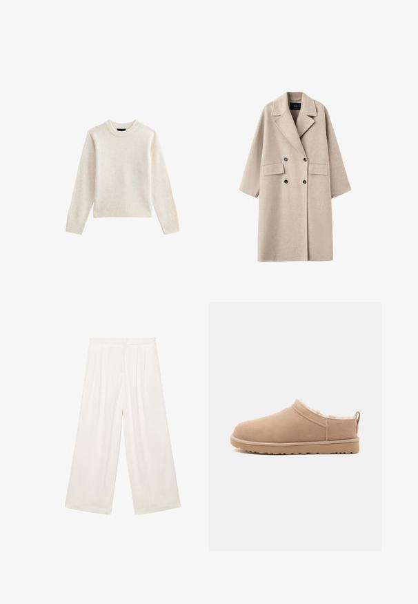 Manteau en laine beige croisé avec larges revers, deux poches avant à rabat et boutons noirs, présenté sur fond blanc.; Pull en tricot beige clair avec un col rond côtelé et un ourlet, doté de manches longues et d'une silhouette décontractée. Texture douce et design minimal.; Pantalon blanc à jambes larges avec plis à la taille et une fermeture à l'avant, conçu pour une coupe ample et confortable.; Chausson beige à enfiler avec extérieur en suède doux, doublure en fourrure blanche moelleuse et semelle en caoutchouc avec bande de traction, montré en profil latéral.