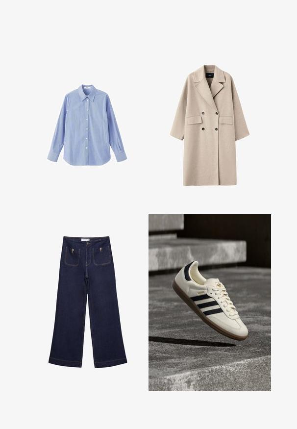 Manteau en laine beige croisé avec larges revers, deux poches avant à rabat et boutons noirs, présenté sur fond blanc.; Chemise à rayures bleues et blanches avec boutons, manches longues, col pointu et manches à poignets, fabriquée en tissu léger.; Pantalon en jean large bleu foncé à taille haute, poches plaquées à l'avant fermées par des boutons en métal et détails de coutures visibles.; Baskets blanches Adidas Samba avec des bandes noires et une semelle en gomme, flottant au-dessus de marches en béton gris texturé.