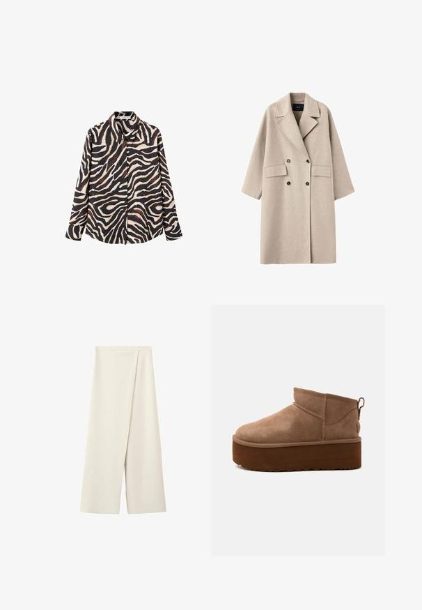 Manteau en laine beige croisé avec larges revers, deux poches avant à rabat et boutons noirs, présenté sur fond blanc.; Chemise à manches longues présentant un imprimé zèbre aux tons noir, crème et marron. Fabriquée en tissu lisse avec un col classique et une fermeture à boutons.; Pantalon large couleur crème avec une taille haute et un détail de panneau avant superposé.; Bottine marron en daim de hauteur moyenne, style slip-on, avec une semelle épaisse compensée et un onglet à l’arrière sur fond clair.