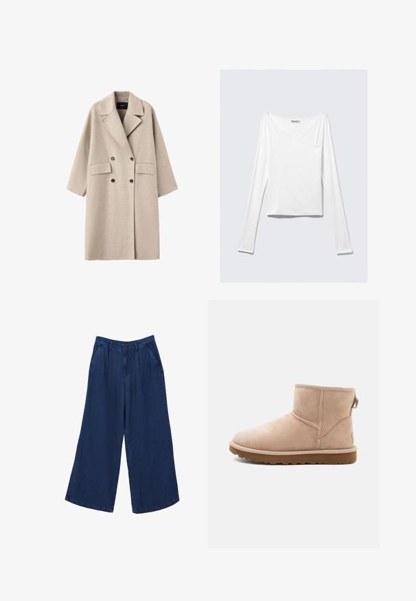 Abrigo de lana beige cruzado con solapas anchas, dos bolsillos delanteros con solapa y botones negros, mostrado sobre un fondo blanco.; Top blanco de manga larga con diseño cruzado y un bolsillo. Fabricado en una tela suave y elástica. Con un corte casual y relajado.; Pantalones vaqueros de pierna ancha en azul oscuro. Presentan dos bolsillos frontales, un cierre de botón y una textura suave con una tela ligera.; Botín de ante beige con punta redonda, acentos cosidos y suela de goma marrón texturizada. Presenta una pestaña en la parte trasera.