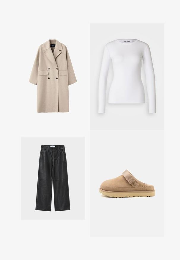Abrigo de lana beige cruzado con solapas anchas, dos bolsillos delanteros con solapa y botones negros, mostrado sobre un fondo blanco.; Camisa blanca de manga larga hecha de tela acanalada, con un cuello redondo y una forma ajustada. No presenta patrones ni detalles.; Pantalones anchos de cuero negro con costuras blancas contrastantes, con cintura ajustable con cordón y cuatro bolsillos para mayor funcionalidad.; Zueco de ante en beige con parte superior texturizada, correa ajustable y una suela de goma robusta con un patrón de tacos para un mejor agarre.