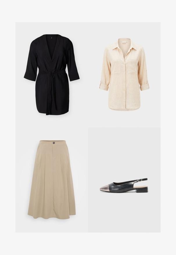 Schwarzes Wickelkleid knielang mit dreiviertel Ärmeln und einem Taillengürtel, präsentiert vor hellem Hintergrund.; Beige langärmliges Hemd mit Kragen, zwei Brusttaschen und hochgekrempelten Ärmeln.; Beige Faltenrock aus weichem Stoff, mit einer taillierten Taille und einem Knopfverschluss sowie einer fließenden A-Linien-Silhouette.; Slingback-Schuhe mit einem Obermaterial aus schwarzem Leder, einer metallic rose goldenen spitzen Zehenpartie und einem niedrigen Blockabsatz. Glatte Textur mit einem geschwungenen Design.