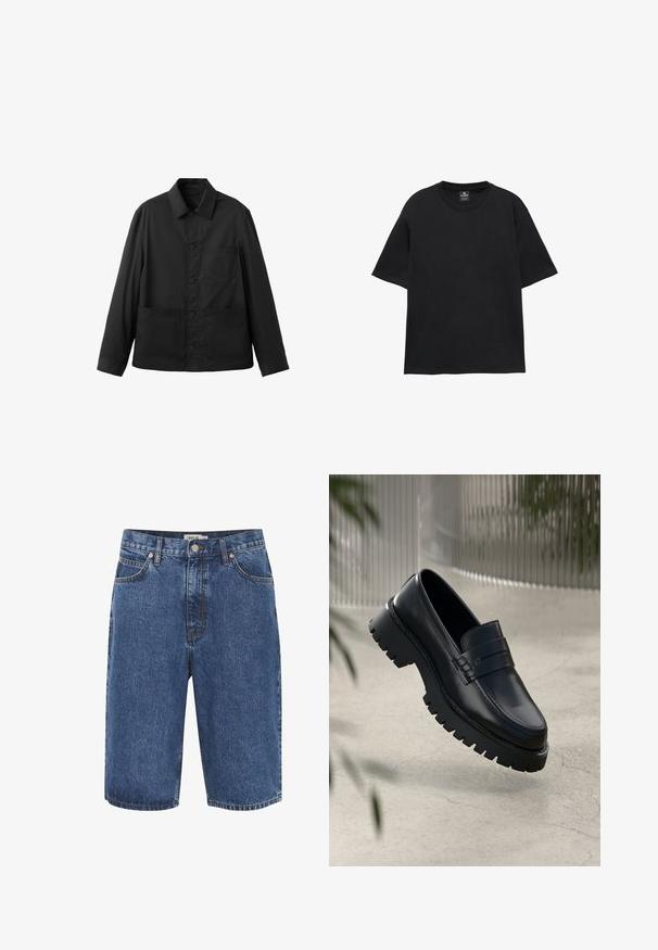 Sort langærmet jakke med knapper foran, med tre forlommer og klassisk krave, vist fladt på en hvid baggrund.; Sort T-shirt med korte ærmer, rund halsudskæring, afslappet pasform og lille mærkeindvendigt ved halsudskæringen.; Mørkeblå denimshorts med et klassisk femlommers design, messinghardware og synlig syning langs sømmene.; Sorte læder loafers med en chunky sål, der har en dekorativ rem og syninger. Glat tekstur med en poleret overflade.