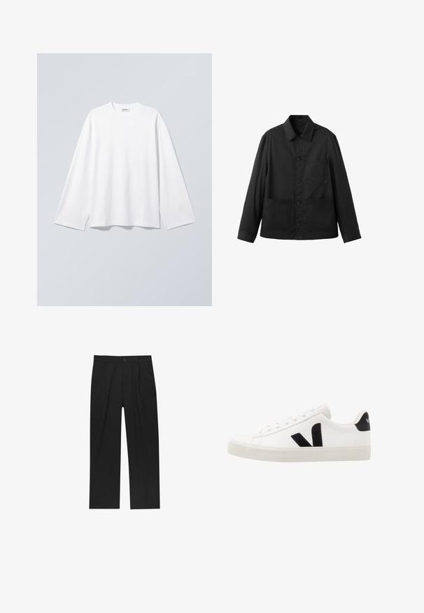 Veste noire à manches longues boutonnée, avec trois poches avant et un col classique, présentée à plat sur fond blanc.; T-shirt blanc uni à manches longues avec col rond et coupe décontractée, suspendu sur un fond gris clair.; Pantalons noirs au design droit, fabriqués à partir d'un tissu lisse. Dotés de plis sur le devant et d'une fermeture à un bouton à la taille.; Sneaker blanche en cuir avec des accents en daim noir ; dispose d'une semelle en caoutchouc, d'un bout rond et d'un design classique à lacets. Logo latéral en noir.