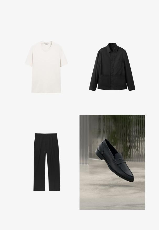 Sort langærmet jakke med knapper foran, med tre forlommer og klassisk krave, vist fladt på en hvid baggrund.; Lys hvid kortærmet t-shirt med rund hals, vist fladt med synlig halslabel mod en hvid baggrund.; Sorte bukser med lige ben, lavet af et glat stof. Har frontfolder og en enkelt knaplukning i taljen.; Sort læderloafer med glat finish, spids tå og sømdetaljer over vristen. Lav hæl og minimalistisk design.