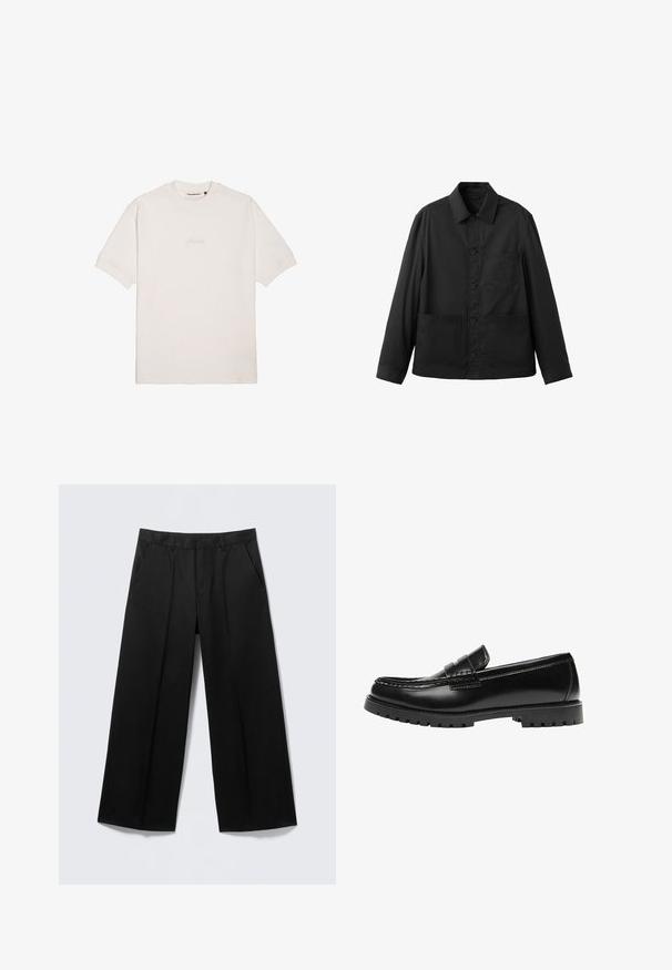 Veste noire à manches longues boutonnée, avec trois poches avant et un col classique, présentée à plat sur fond blanc.; T-shirt blanc à manches courtes en coton doux, avec un logo de marque subtilement gaufré sur la poitrine et un col rond classique.; Pantalon large noir avec passants pour ceinture, poches avant et fermeture éclair, présenté sur un fond gris clair.; Mocassin en cuir noir avec une semelle en caoutchouc épaisse et un détail classique de bride à monnaie, vu de côté extérieur.