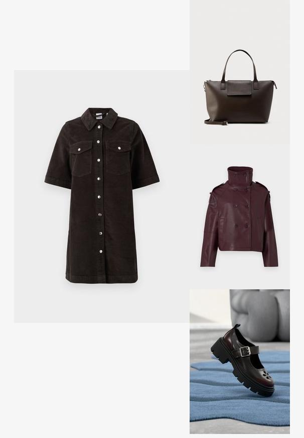 Bordeaux leren dubbelknopssluiting jas met een hoge kraag, schouderklappen en twee steekzakken. Glad materiaal en cropped ontwerp.; Zwart corduroy jurk met kraag, korte mouwen en twee borstzakken. Voorzien van zilveren drukknoopjes over de voorkant en een rechte snit.; Zwart Mary Jane-schoen met chunky zool, zilveren gespband en bloemvormige uitsparingen, tentoongesteld op een textuurblauwe ondergrond binnen.; Donkerbruine leren handtas met dubbele handvatten, een flapzak aan de voorkant en een verstelbare schouderriem, afgebeeld tegen een witte achtergrond.