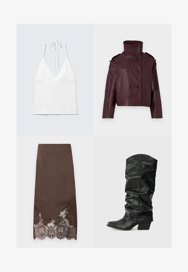 Veste double boutonnage en cuir bordeaux avec un col haut, des épaulettes et deux poches frontales. Texture lisse et coupe courte.; Haut blanc sans manches à col halter avec des bonnets triangulaires et de fines bretelles nouées autour du cou sur un fond clair uni.; Jupe marron en tissu lisse, ornée d'une dentelle noire complexe à l'ourlet avec un motif en vague. Conception mi-longue sans détails supplémentaires.; Bottes noires en cuir, montantes jusqu'au genou, avec un design plissé, un bout pointu et un talon épais, présentant une texture lisse et des coutures minimales.