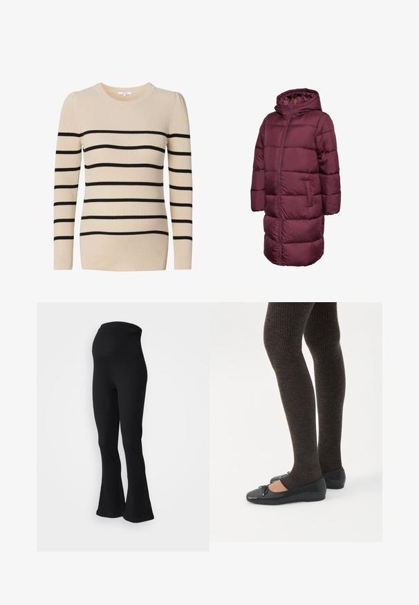 Mørkerød dunjakke med hætte, med et langt design, lynlåslukning og to sidelommer. Glat, quiltet tekstur over det hele.; Beige ribbet strik med lange ærmer, der har sorte vandrette striber. Textureret stof med rund halsudskæring og tætsiddende silhuet.; Sorte ribbede flared bukser med høj talje. Stoffer har en tekstureret overflade og er designet til en tætsiddende silhuet.; Ben iført mørke ribbede leggings kombineret med sorte balletsko med små sløjfedetaljer på hvid baggrund.