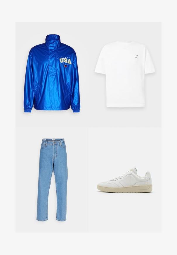 Lichtgewicht blauwe pulloverjack met hoge kraag, elastische cuffs en zijzakken. Voorzien van het "TOMMY USA" logo in groen en wit. Waterdicht materiaal.; Witte katoenen t-shirt met een relaxed fit, korte mouwen en een V-hals. Bevat twee kleine zwarte bedrukte logo's aan de linkerkant.; Lichtblauwe high-waisted recht gesneden jeans met een voorste knoop, ritssluiting, riemlussen en een vijf-pocket ontwerp op een witte achtergrond.; Witte leren sneakers met een gestructureerde afwerking en een gevoerde kraag. Voorzien van een beige rubberen zool en subtiele branding op de hiel en zijkant.