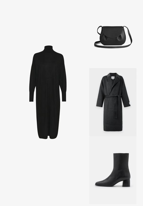 Bata de lana gris oscuro con cinturón, cuello de solapa y mangas anchas. Presenta bolsillos laterales y un acabado texturizado para mayor calidez.; Vestido negro de punto con un cuello alto tipo mock, mangas largas y un corte holgado. Textura suave con una longitud hasta la mitad de la pantorrilla y sin patrones ni acentos visibles.; Botín negro de cuero hasta el tobillo con punta afilada y un tacón cuadrado y grueso. Textura suave con un diseño sin costuras y un estilo minimalista en las costuras.; Bolsa de cuero negro tipo bandolera con forma redondeada, que cuenta con un cierre con solapa y suaves detalles fruncidos. Correa ajustable para mayor comodidad.
