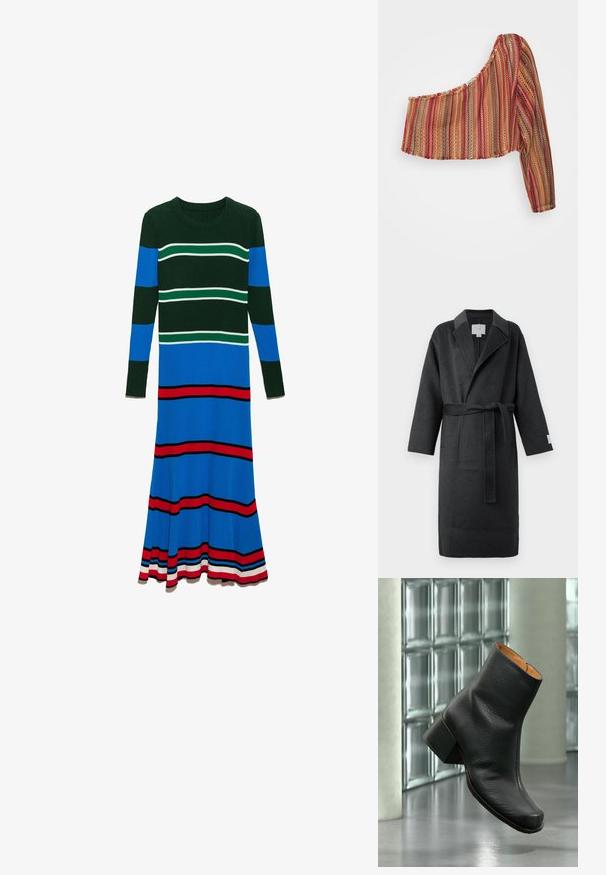 Mørkegrå uldkåbe med bælte, reverskrave og brede ærmer. Har sidelommer og en struktureret overflade for varme.; TOMMAZO ISIDOR ONE SHOULDER CROP - Striktrøje - multicolour; Strikkjole med lange ærmer, rund halsudskæring og lodrette striber i dyb grøn, blå og rød, med horisontale accenter i hvid.; Sort struktureret læderankelstøvle med blokhæle, vist indendørs på en reflekterende gulv med glasblokbaggrund.