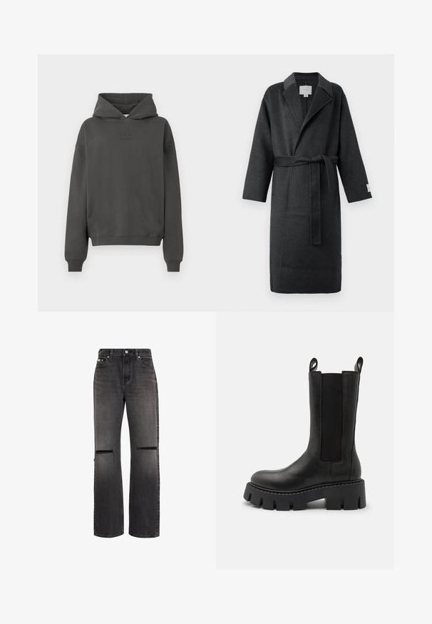 Donkergrijze wollen robe met een riem, kraag met lapels en wijde mouwen. Bevat zijzakken en heeft een gestructureerde afwerking voor extra warmte.; Donkergrijze hoodie van zacht materiaal, met een trekkoord in de capuchon, geribde mouwen en een discreet logo op de voorkant gedrukt.; Zwarte jeans met rechte pijpen, voorzien van distressed horizontale scheuren op beide knieën en een klassieke vijfzakkenontwerp.; Zwarte leren enkellaars met elastische zijkanten, trekflappen, een stevige, profielzool en versterkte stiksels. Het oppervlak heeft een gladde textuur.