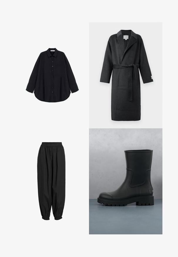 Donkergrijze wollen robe met een riem, kraag met lapels en wijde mouwen. Bevat zijzakken en heeft een gestructureerde afwerking voor extra warmte.; Zwarte button-up shirt van een textuurstof. Heeft een puntige kraag, lange mouwen, een borstzak en een gebogen zoom.; Zwarte broek met losse pasvorm van lichtgewicht materiaal, voorzien van een elastische tailleband en taps toelopende boorden bij de enkels. Geen zichtbare patronen.; Zwarte matte leren enkelbot met dikke profielzool die boven houten vierkante tegels en kleine grijze stenen buiten zweeft.
