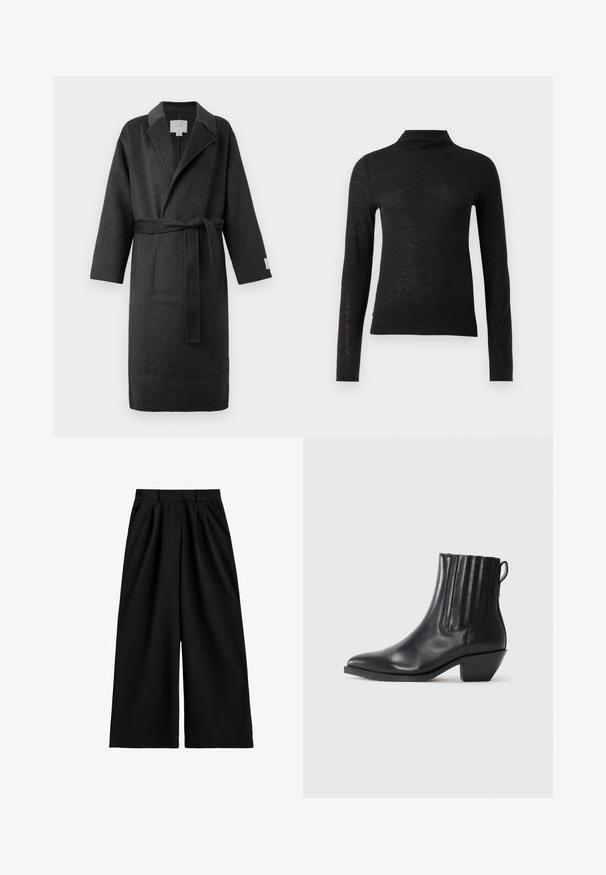 Mørkegrå uldkåbe med bælte, reverskrave og brede ærmer. Har sidelommer og en struktureret overflade for varme.; Sort langærmet turtleneck top lavet af et struktureret materiale, med en tætsiddende pasform og minimalistisk design uden synlige mønstre eller metaldele.; Sorte bukser med vide ben og høj talje, udstyret med bæltestropper, frontplisseringer og en ren, glat stoffinish.; Sort læderstøvle til anklen med elastiske sidepaneler, spids tå og blokhæl. Glat tekstur og strømlinet design fremhæver dens moderne stil.