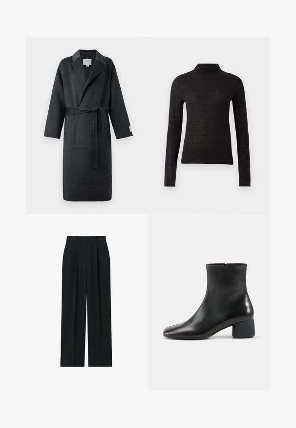 Dunkelgrauer Wollmantel mit einem Gürtel, Reverskragen und weiten Ärmeln. Verfügt über Seitentaschen und eine strukturierte Oberfläche für zusätzliche Wärme.; Schwarzes langärmliges Turtleneck-Oberteil aus einem strukturierten Material, mit schlankem Schnitt und minimalistischer Gestaltung ohne sichtbare Muster oder Hardware.; Reiss PETITE FIT - EDEN ELASTICATED WAIST WIDE - Stoffhose - navy; Schwarzer Lederknöchelstiefel mit abgerundeter quadratischer Spitze, seitlichem Reißverschluss und klobigem niedrigem Absatz auf schlichtem hellem Hintergrund.