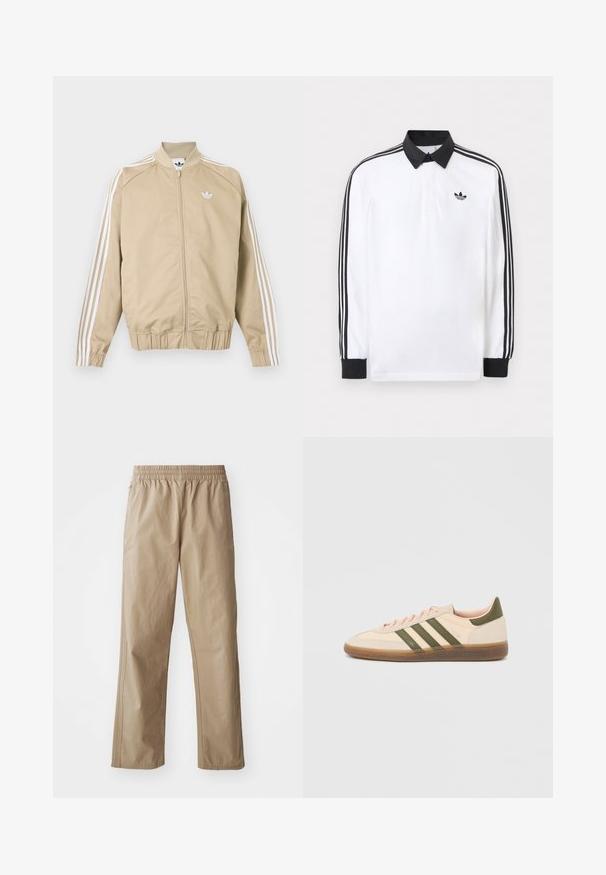 Beige Trainingsjacke mit durchgehendem Reißverschluss, weißen dreifachen Streifen an den Ärmeln und weißem Adidas Trefoil-Logo auf der Brust.; Weißes Polo mit langen Ärmeln, schwarzem Kragen, schwarzen Bündchen, schwarzem Drei-Streifen-Design an den Ärmeln und schwarzem Adidas-Logo auf der Brust.; Beige, leichte Hose mit elastischem Bund, geraden Beinen und Seitentaschen. Glatte Textur mit dezenten Steppnähten.; Flacher, beigefarbener Adidas Spezial Sneaker mit grünen Streifen, Gummisohle und "SPEZIAL" Schriftzug an der Seite, von der Außenseite gezeigt.