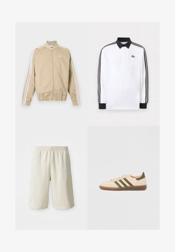 Beige lynlåstrøje med hvide tredoble striber ned ad ærmerne og et hvidt Adidas trefoil-logo på brystet.; Hvid langærmet polo med sort krave, sorte manchetter, sort tre-stribet design på ærmerne og sort Adidas-logo på brystet.; Lys beige træningsshorts med elastisk talje, glat tekstur og diskret logo-detalje på venstre side forneden. Ingen lommer.; Beige Adidas Spezial sneaker med lav profil, grønne striber, gummisål og "SPEZIAL"-branding på siden, vist fra ydersiden.