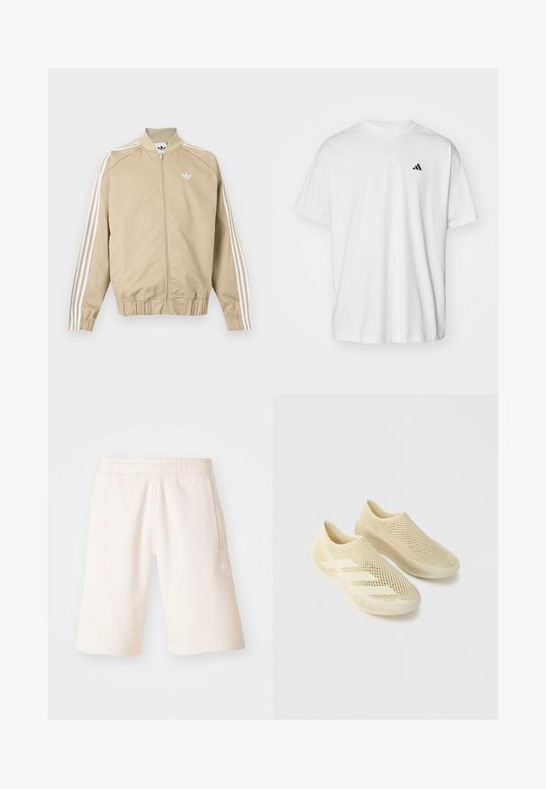 Chaqueta deportiva beige con cremallera, con triple raya blanca en las mangas y logo blanco de Adidas trefoil en el pecho.; Camiseta de algodón blanca con mangas cortas, cuello redondo y un pequeño logo negro de Adidas en el lado izquierdo del pecho. Textura suave, ajuste casual.; Pantalones cortos de algodón color crema con cintura elástica, bolsillos laterales y un logotipo sutil en la pierna izquierda. Textura suave y diseño hasta la rodilla.; Par de zapatos beige sin cordones con una estructura de malla tipo enrejado y tres detalles de rayas sobre un fondo liso gris claro.