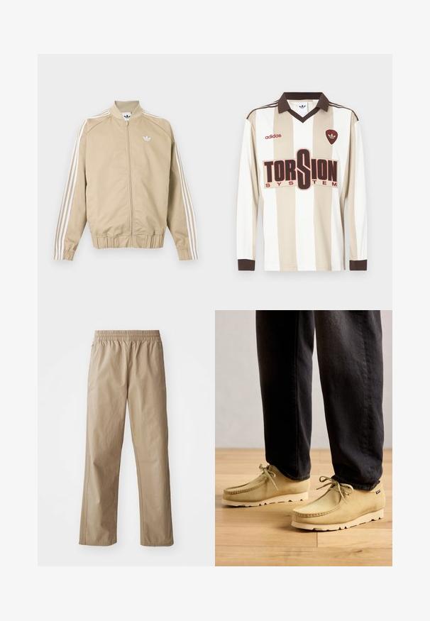 Beežist lukuga spordijakk valgete kolmekordsete triipudega varrukatel ja valge Adidas trefoil logoga rinnal.; Beige ja valgete triipudega pikade varrukatega jalgpallipusa; varustatud pruunide kaeluse ja mansettidega, suure punase "TORSION SYSTEM" logoga ning adidas'i brändinguga.; Beežid, kerged püksid elastse vöökohaga, sirgete säärte ja küljetaskutega. Sile tekstuur peente õmblusedetailidega.; Beige nubukist kõrvarõngad mustade pükstega, puidust põrandal, näidates vaba ja mugavat stiili.