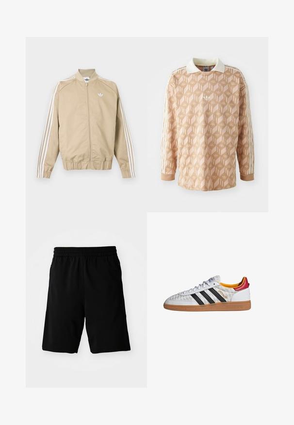 Beige lynlåstrøje med hvide tredoble striber ned ad ærmerne og et hvidt Adidas trefoil-logo på brystet.; Langærmet skjorte i en lys ferskenfarve med et geometrisk mønster. Har en hvid krave og tre creme striber på hver ærme.; Sorte atletiske shorts lavet af syntetisk materiale, med en elastisk talje og sidelommer. Glat tekstur uden synlige mønstre.; Hvid Adidas Spezial sneaker med sorte striber, gummisål, quiltet mønster, rød hælflap og gul inderfor, set fra siden.