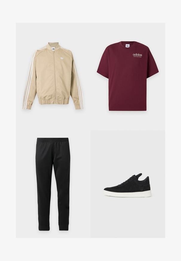 Beige Trainingsjacke mit durchgehendem Reißverschluss, weißen dreifachen Streifen an den Ärmeln und weißem Adidas Trefoil-Logo auf der Brust.; Burgunderfarbenes T-Shirt mit kurzen Ärmeln aus Baumwolle. Verfügt über einen Rundhalsausschnitt und ein kleines weißes "adidas"-Logo mit "SPORT DESIGN STUDIO" darunter.; Schwarze Sporthosen aus glattem Stoff, mit einem elastischen Bund, schmal zulaufenden Beinen und gerippten Bündchen an den Knöcheln.; Schwarze Wildleder-Sneaker mit einer weißen Gummisohle, die sich durch elegante Nähte und ein schnürbares Design auszeichnen. Glatte Textur mit einer modernen, stromlinienförmigen Form.