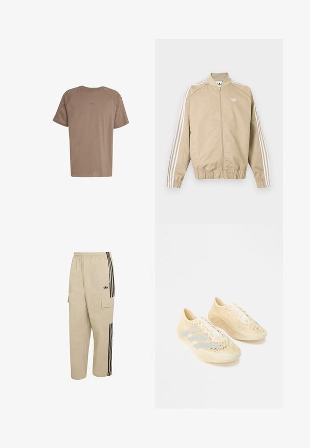 Beige lynlåstrøje med hvide tredoble striber ned ad ærmerne og et hvidt Adidas trefoil-logo på brystet.; adidas Originals TEE - T-shirts basic - earth strata; Beige cargobukser med elastisk talje, sidelommer og sorte lodrette striber. Har en Adidas-logo foran.; Beige letvægts sportssko med tekstureret overflade, snøredesign og tre lysegrå striber på siden.