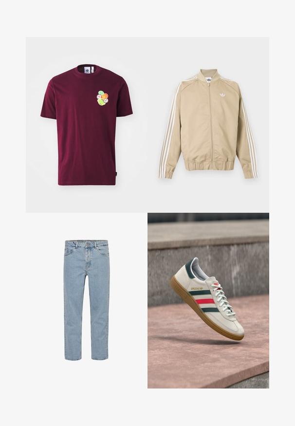 Beige lynlåstrøje med hvide tredoble striber ned ad ærmerne og et hvidt Adidas trefoil-logo på brystet.; Mørkerød bomulds t-shirt med korte ærmer og rund hals. Indeholder en broderet grafik på venstre bryst, inklusive farverige cirkulære design.; Lyseblå denimjeans med lige ben, fem lommer, bæltestropper og knaplukning, vist på en ensfarvet hvid baggrund.; Hvid Adidas sneaker med grønne og røde striber, gummisål og "SPEZIAL" branding, der svæver over stensat belægning.