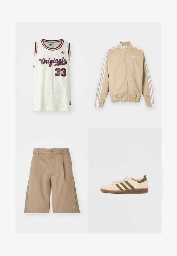 Beežist lukuga spordijakk valgete kolmekordsete triipudega varrukatel ja valge Adidas trefoil logoga rinnal.; Valge võrkkangas sansleeve jersey maroon aktsentidega, tekstiga "The Originals", number 33 ja väike logo vasakul rinnal.; Beežist puuvillased lühikesed püksid sirge lõikega, ees voldid ja ühe nööbi kinnitusega. All vasakul on peene logo.; Madalprofiilne beež Adidas Spezial toss rohelist värvi triipude, kummist tallaga ja "SPEZIAL" brändinguga küljel, nähtav välisküljelt.
