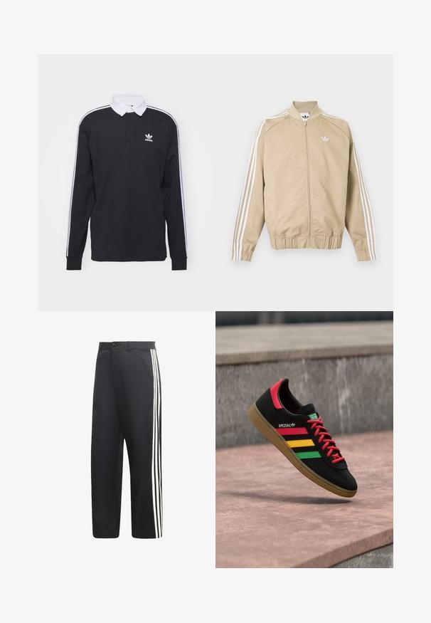 Beige lynlåstrøje med hvide tredoble striber ned ad ærmerne og et hvidt Adidas trefoil-logo på brystet.; Sort langærmet polo skjorte med hvid krave og tre hvide striber langs ærmerne; har et broderet Adidas-logo på brystet.; Sorte bukser med lige ben og tre hvide lodrette striber ned langs ydersiden af hvert ben.; Sort Adidas Spezial-sneaker med røde, gule og grønne striber, røde snørebånd, gummisål og rødt hældetalje, vist svævende over fortovet.