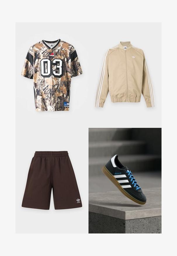 Béžová športová bunda na zips s bielymi trojitými pruhmi na rukávoch a bielym logom Adidas trefoil na hrudi.; Džersej s krátkym rukávom v maskáčovom vzore v odtieňoch pieskovej, hnedej a čiernej farby, s okrúhlym výstrihom, silnou textúrou a veľkým vytlačeným číslom "03."; Tmavo hnedé šortky Adidas s elastickým pásom a bielym logom Adidas Trefoil na spodnej ľavej strane nohy, zobrazené na jednoliatej pozadí.; Čierna teniska Adidas s bielymi pruhmi, modrými šnúrkami a gumovou podrážkou, ktorá sa vznáša nad sivým betónovým schodom v mäkkom svetle.