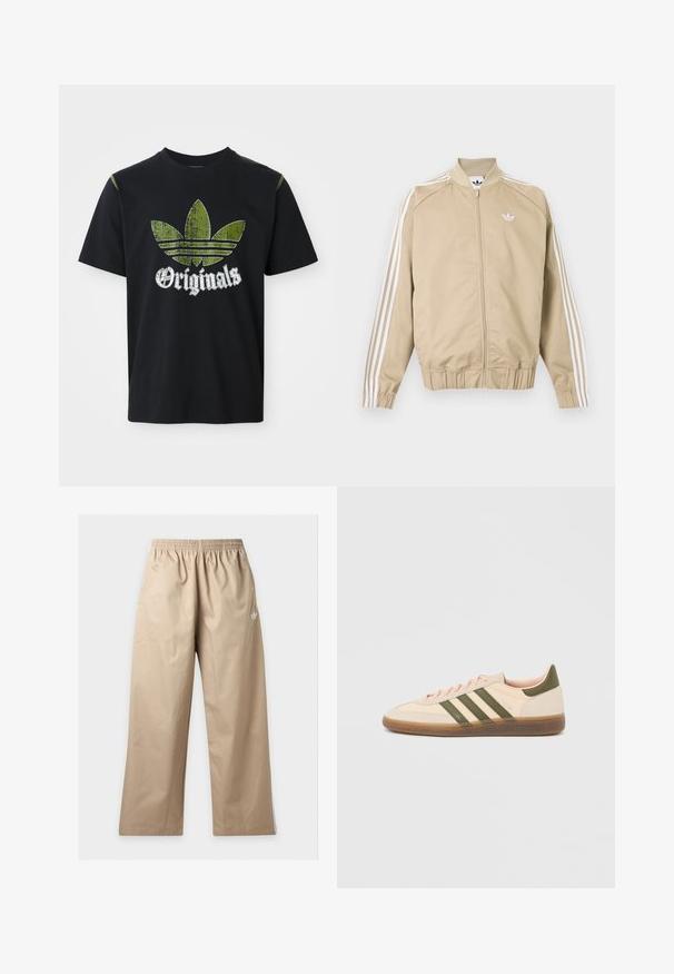 Beige lynlåstrøje med hvide tredoble striber ned ad ærmerne og et hvidt Adidas trefoil-logo på brystet.; Sort bomulds T-shirt med et slidt grønt grafik med tre striber og ordet "Originals" nedenfor i hvidt, rund halsudskæring, korte ærmer.; Beige bukser med vide ben og elastisk linning samt lille hvid Adidas-logo på øverste venstre lår, vist mod en ensfarvet baggrund.; Beige Adidas Spezial sneaker med lav profil, grønne striber, gummisål og "SPEZIAL"-branding på siden, vist fra ydersiden.