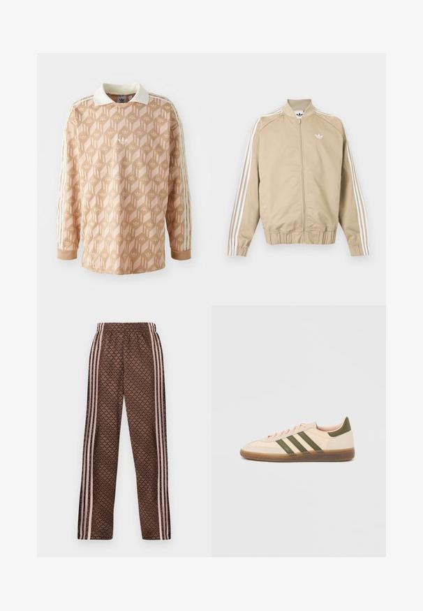 Beige Trainingsjacke mit durchgehendem Reißverschluss, weißen dreifachen Streifen an den Ärmeln und weißem Adidas Trefoil-Logo auf der Brust.; Langärmliges Hemd in einem hellen Pfirsichfarbton mit geometrischem Muster. Es hat einen weißen Kragen und drei cremefarbene Streifen an jedem Ärmel.; Braune Jogginghose mit hellrosa vertikalen Streifen an den Seiten und einem sich wiederholenden Blattmuster überall, elastischer Bund, gerade Beinform.; Flacher, beigefarbener Adidas Spezial Sneaker mit grünen Streifen, Gummisohle und "SPEZIAL" Schriftzug an der Seite, von der Außenseite gezeigt.