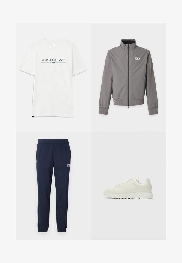 Hall tõmblukuga jakk kõrge kraega, elastsete varruka- ja äärega ning valge EA7 Emporio Armani logo vasakul rinnal.; Valge puuvillane T-särk lühikeste varrukatega, millel on sinine ja roheline "ARMANI EXCHANGE" logo ning all keskpunktis "1991".; Tumesinised dressipüksid elastse vöökoha ja mansettidega. Vasakul jalal väike valge logo. Valmistatud pehmest ja elastsest materjalist.; Valge nahkne sneaker, millel on tekstureeritud pealmine osa, ümar varvas, lame valge talla ja tooni järgi seotud paelad. Disciple brändimine keelega.