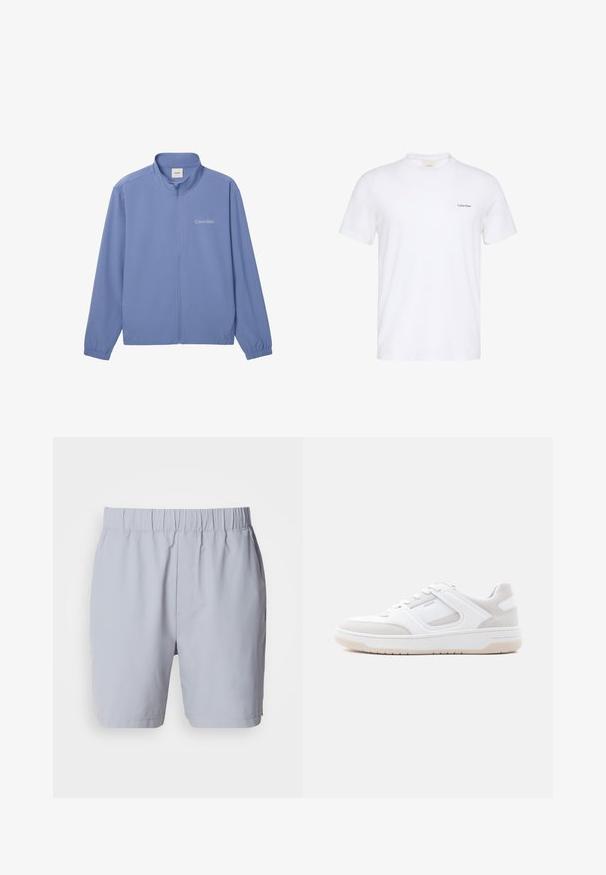 Lyseblå hættejakke med lynlås, lange ærmer, elastiske manchetter, høj krave og "Calvin Klein"-logo på venstre bryst.; Hvid T-shirt med korte ærmer og rund hals med lille sort Calvin Klein-logo på venstre bryst.; Lysegrå badebukser med elastisk talje, to sidelommer og et glat, letvægtsstof. Ingen synlige mønstre eller udsmykninger.; Lavprofileret hvid og lysebeige sneaker med snørelukning, polstret krave og gummisål på en ensfarvet lys baggrund.
